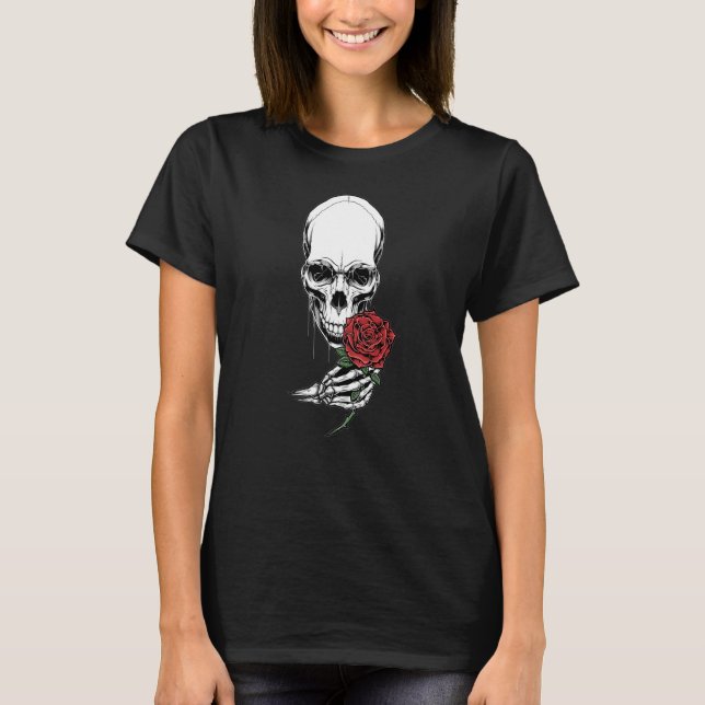 Skeleton Hand Holding Röd ros Stem Tat T Shirt (Framsida)