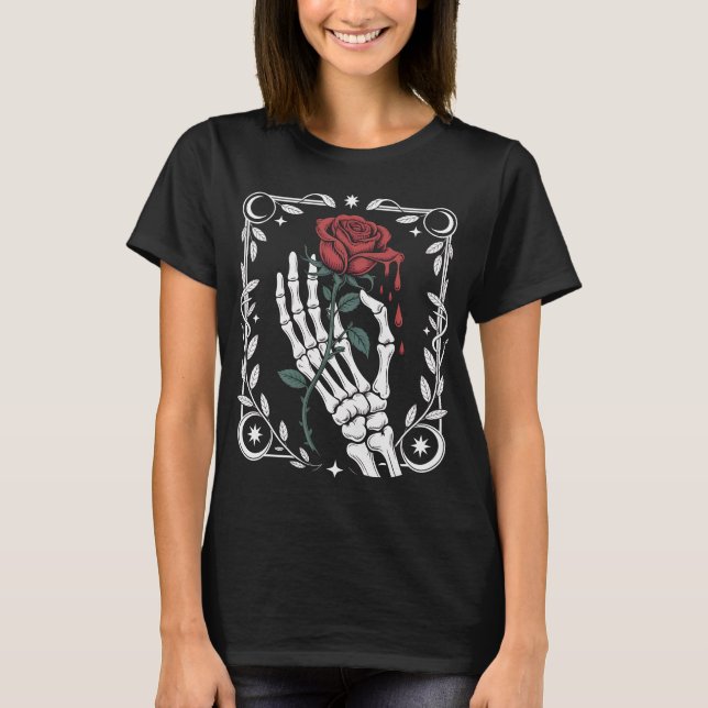 Skeleton Hand Holding Rose Gothic T-Shirt for Dark (Framsida)