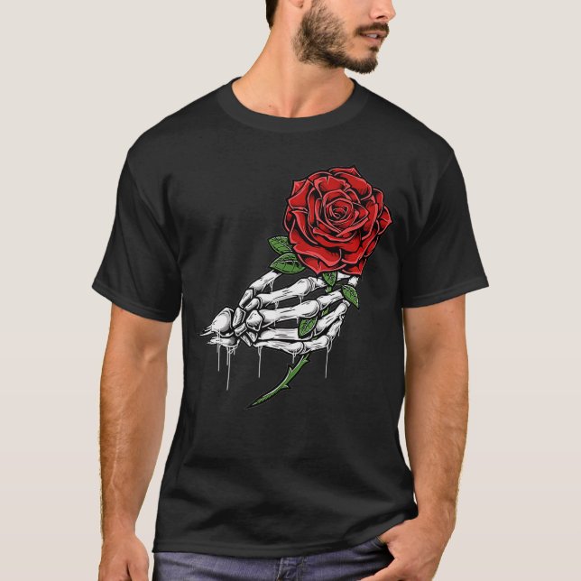 Skeleton Hand med en enda Röd ros Stem Tatto T Shirt (Framsida)