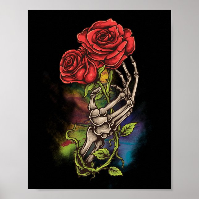 Skeleton Hand med Ro-blomtatueringskonstruktion Poster (Framsidan)
