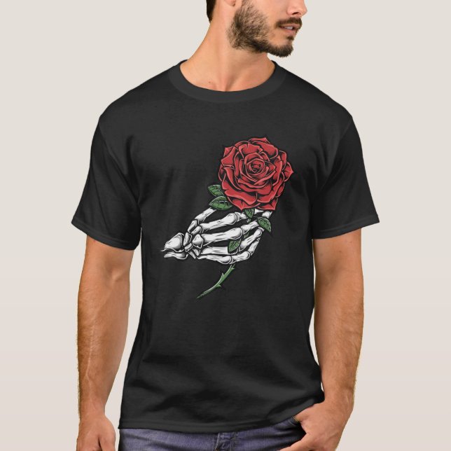 Skeleton Hand Red Rose Flower T Shirt (Framsida)