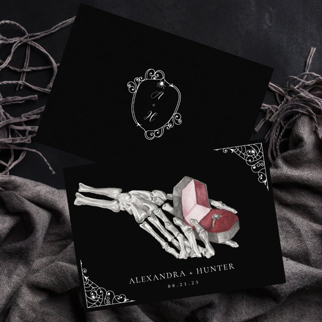 Skeleton Hand Ring Gothic Bröllop spara datum Inbjudningar (Skeleton Hand Ring Gothic Wedding Save the Date Invitation)