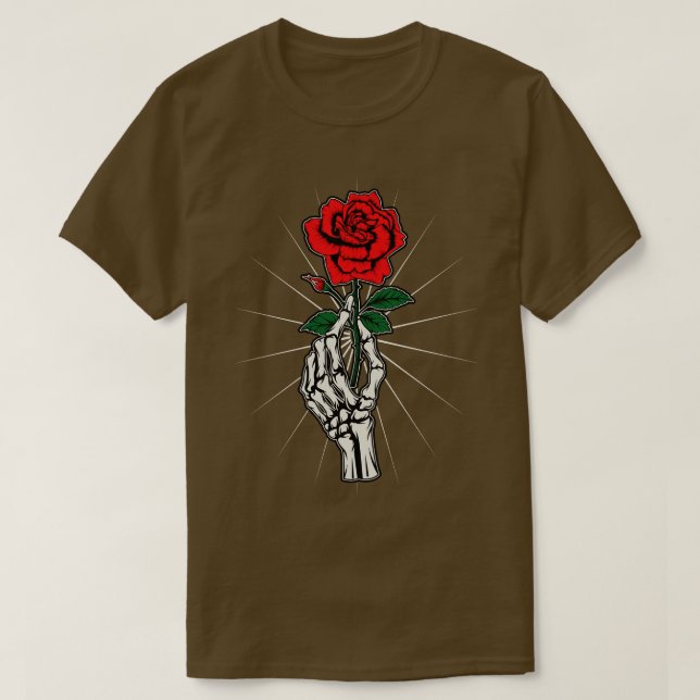 Skeleton Hand Röd ros Flower Artistic Halloween C T Shirt (Design framsida)