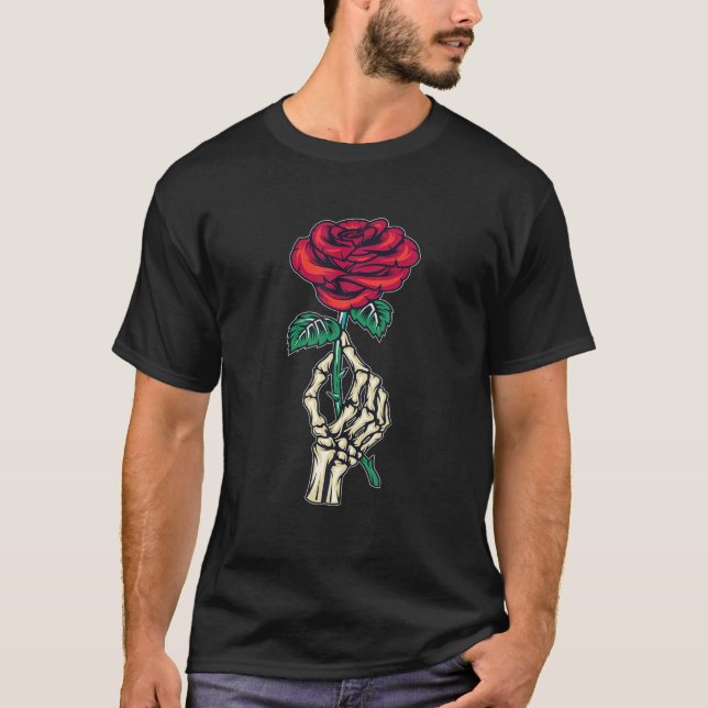 Skeleton Hand Röd ros Flower Gift Aesthetic Stree T Shirt (Framsida)