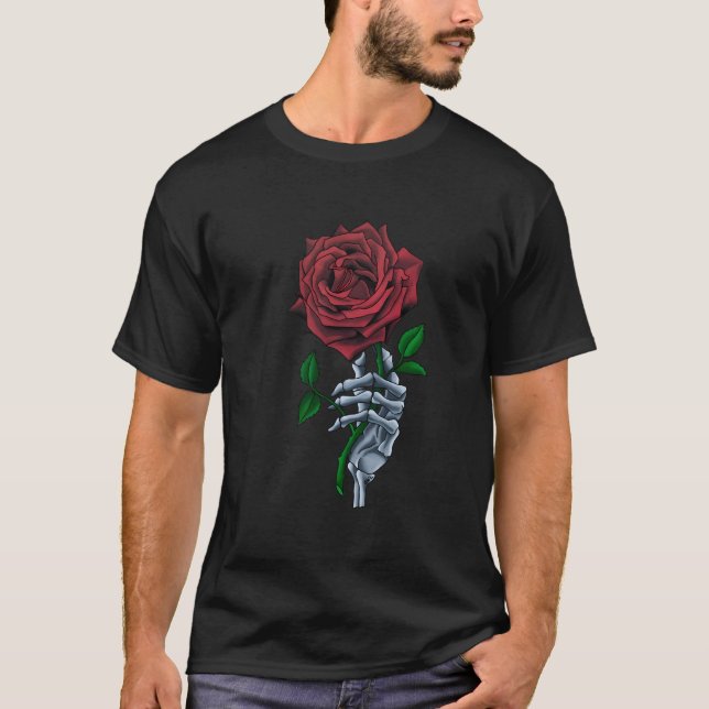 Skeleton Hand Röd ros Flower T Shirt (Framsida)