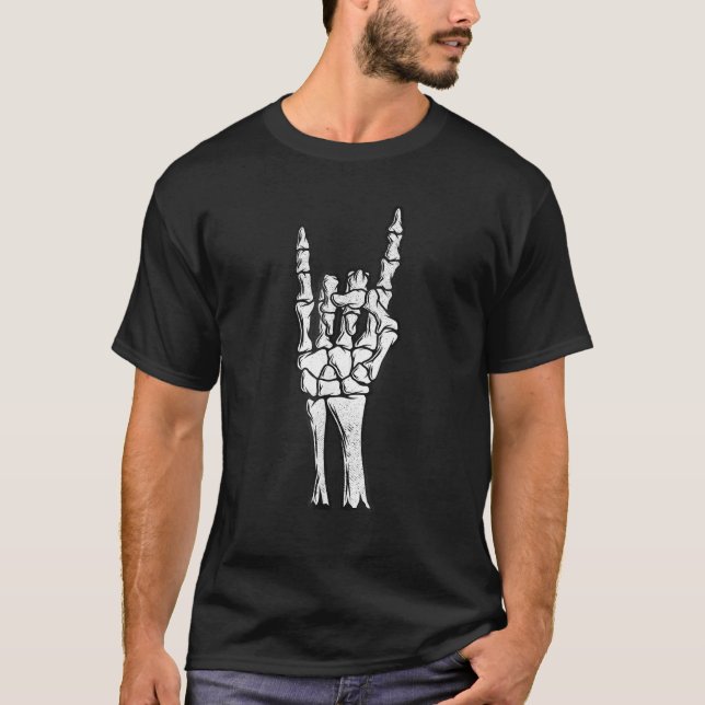 Skeleton Hand Sign Djävulen Horns Hand Gesture T S Shirt (Framsida)