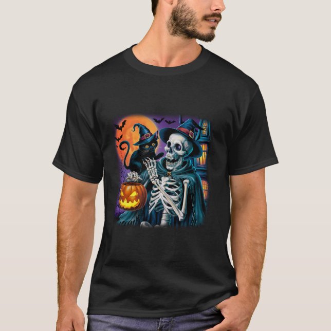 Skeleton Hand spelar Cat Funny Halloween Costume T Shirt (Framsida)