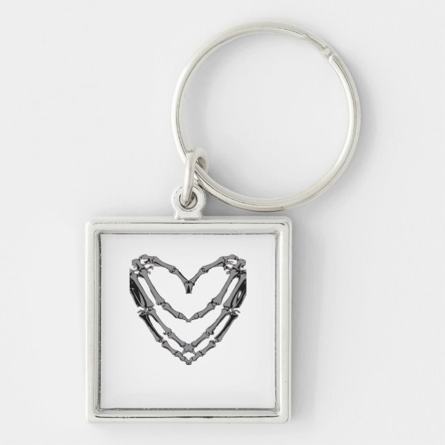 Skeleton Händer Heart Sign Retro Halloween Costume Fyrkantig Silverfärgad Nyckelring (Framsidan)