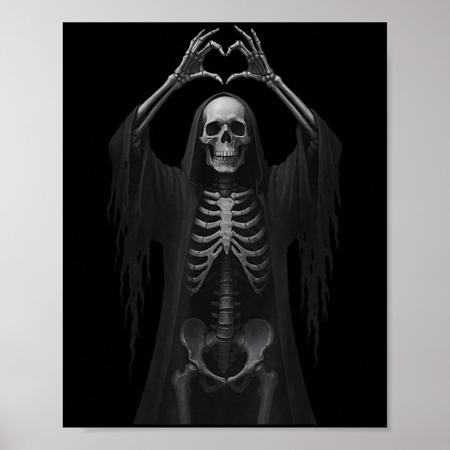 Skeleton Händer Heart Sign Y Ansikte Funny Hallowe Poster (Framsidan)