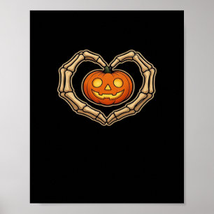 Skeleton Händer hjärta med pumpkin Cute Spooky Hal Poster