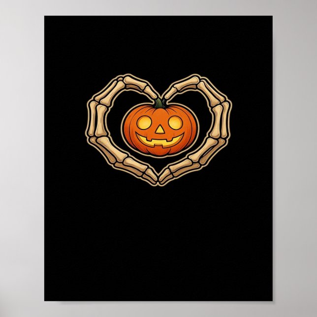 Skeleton Händer hjärta med pumpkin Cute Spooky Hal Poster (Framsidan)