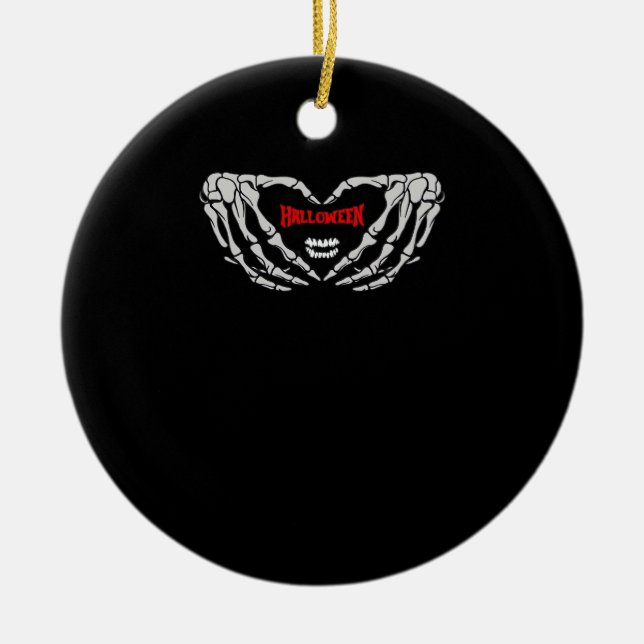 Skeleton Händer i ett hjärta. Funny Halloween Julgransprydnad Keramik (Framsidan)