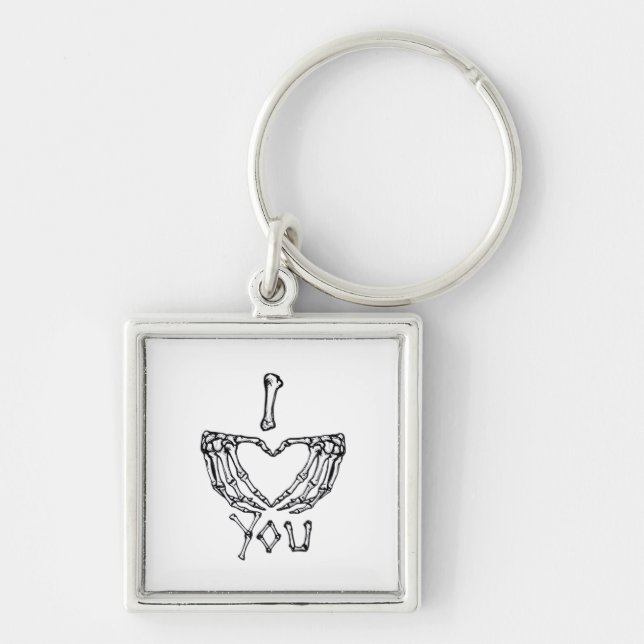 Skeleton Händer Skapar ett hjärta Fyrkantig Silverfärgad Nyckelring (Framsidan)