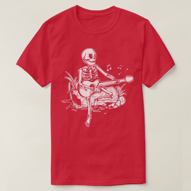 Skeleton Head som spelar akustisk Sten på hans git T Shirt (Design framsida)