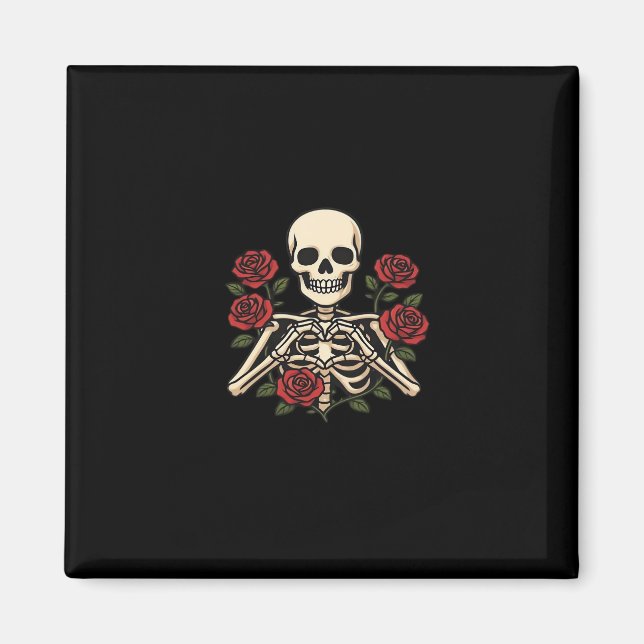 Skeleton Heart Händer med Röd ros - romsk Har Magnet (Framsidan)