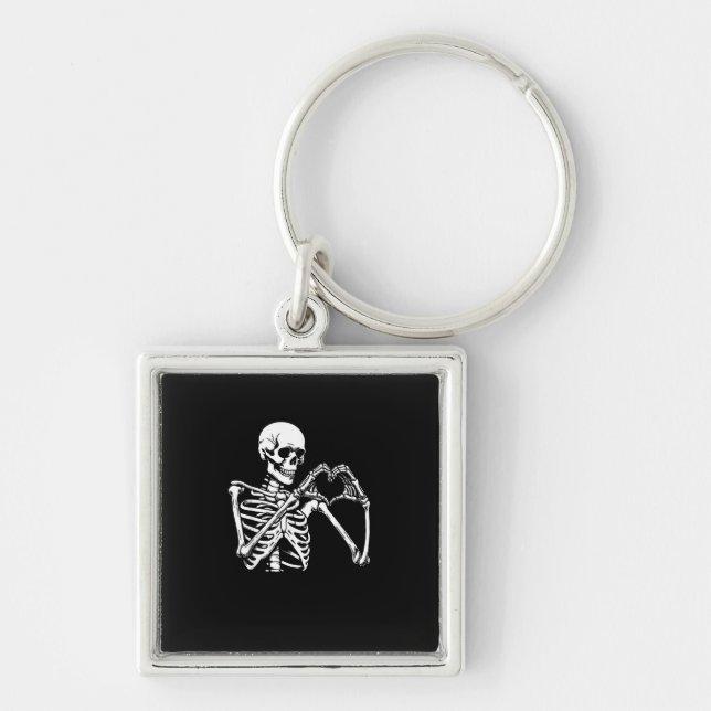 Skeleton Heart Händer Sign Halloween Costume Retro Fyrkantig Silverfärgad Nyckelring (Framsidan)