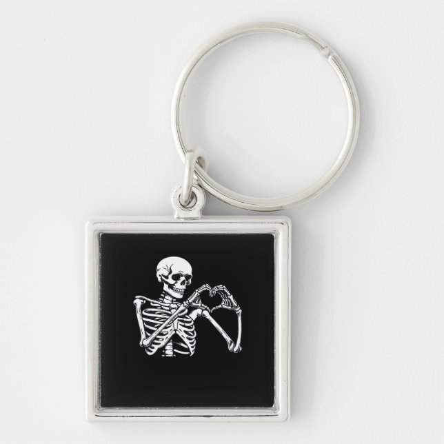 Skeleton Heart Händer Sign Halloween Costume Trend Fyrkantig Silverfärgad Nyckelring (Framsidan)