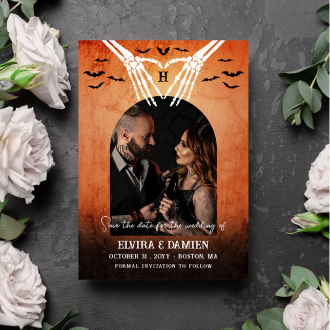 Skeleton Heart Monogram Goth Photo Save Date Spara Datumet (Skapare uppladdad)