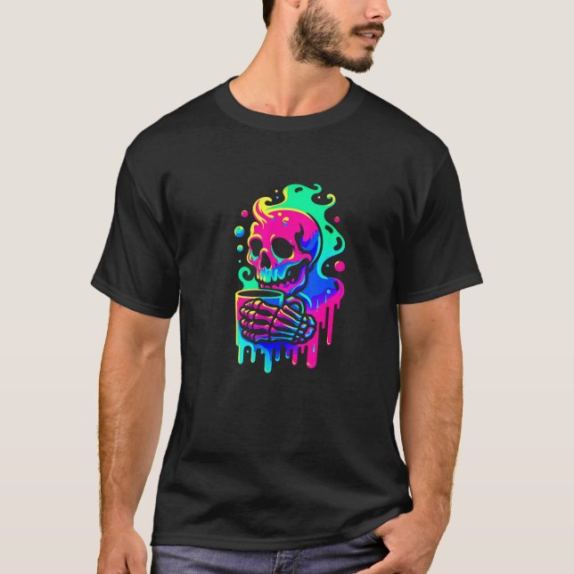 Skeleton Hett Kaffeldiskett Smälter vätska Färgfyl T Shirt (Framsida)