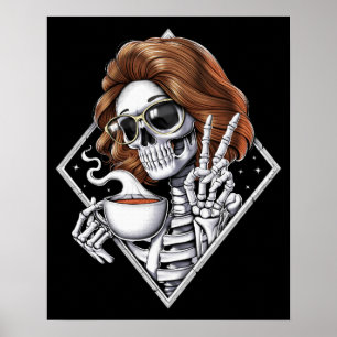 Skeleton Hippie Drinking Coffee Poster