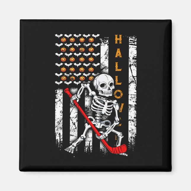 Skeleton Hockey Halloween US Flagga Magnet (Framsidan)