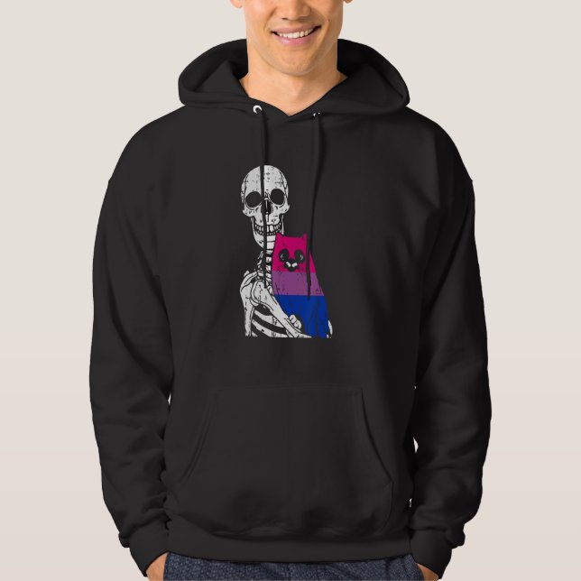 Skeleton Holding A Cat Bisexual LGBT-Q Pride Rainb Hoodie (Framsida)