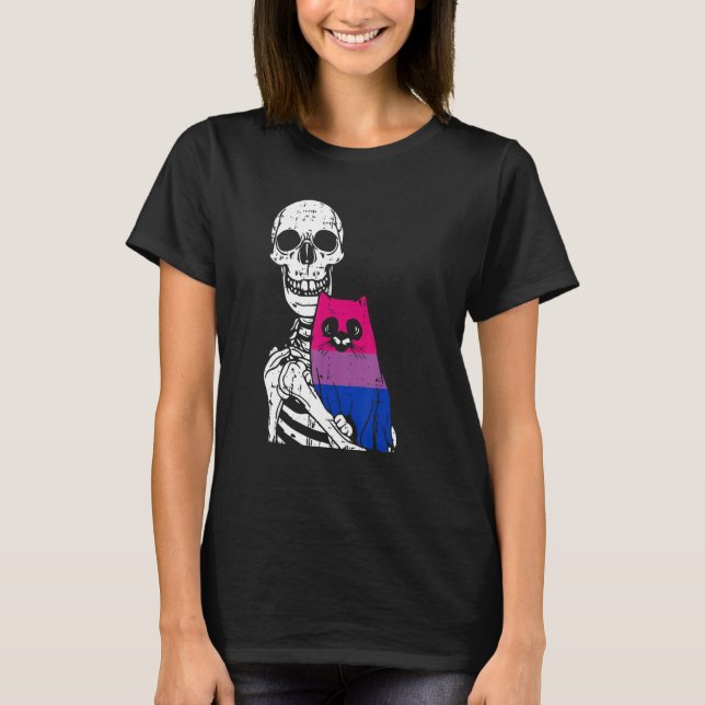 Skeleton Holding A Cat Bisexual LGBT-Q Pride Rainb T Shirt (Framsida)