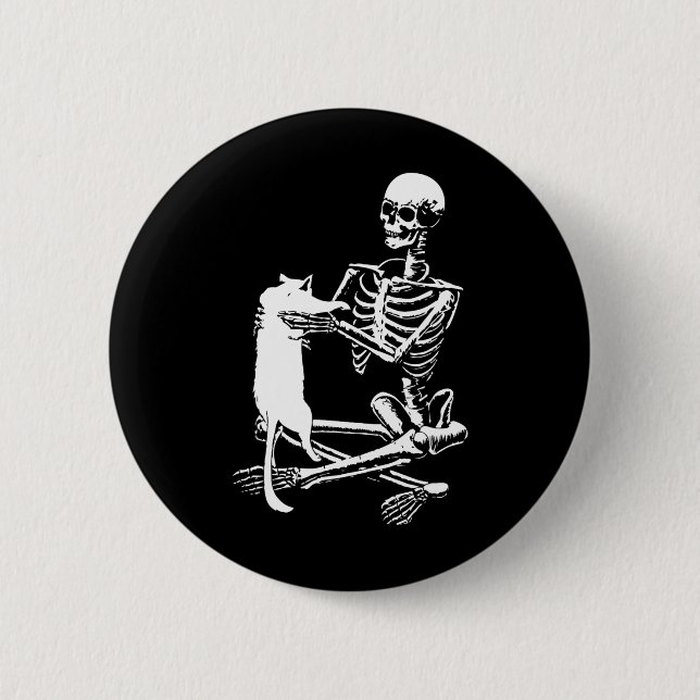 Skeleton Holding A Cat Lazy Halloween Costume Skul Knapp (Framsida)