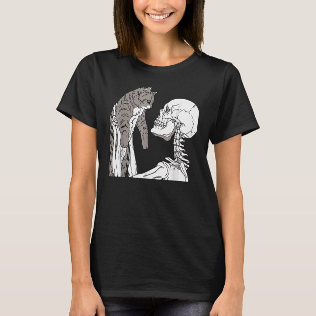 Skeleton Holding A Cat Lazy Halloween Costume Skul T Shirt (Framsida)