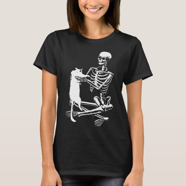 Skeleton Holding A Cat Lazy Halloween Costume Skul T Shirt (Framsida)