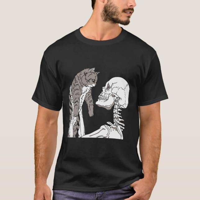 Skeleton Holding A Cat Lazy Halloween Costume Skul T Shirt (Framsida)