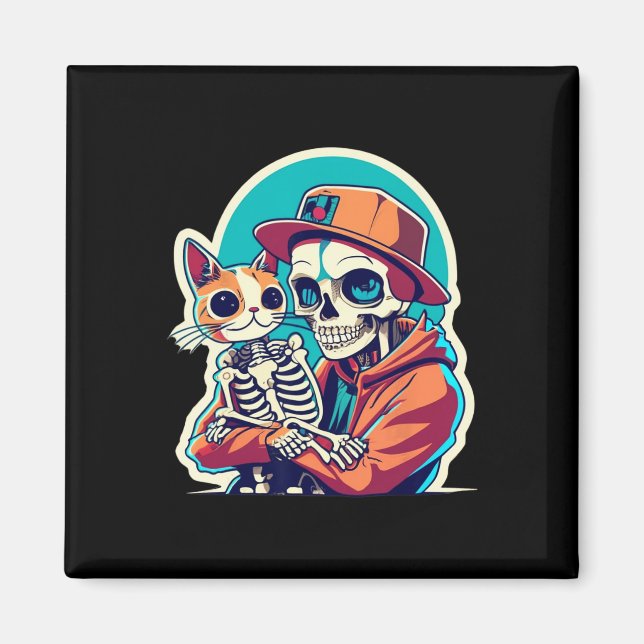 Skeleton Holding A Cat Shirt Lazy Halloween Costum Magnet (Framsidan)
