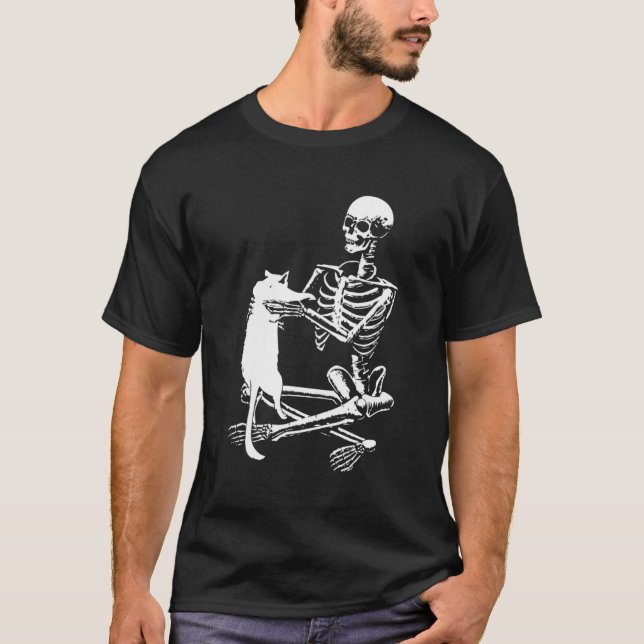 Skeleton Holding A Cat Shirt Lazy Halloween Costum T (Framsida)