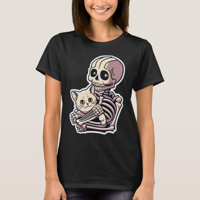 Skeleton Holding A Cat Shirt Lazy Halloween Costum T (Framsida)