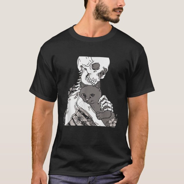 Skeleton Holding A Cat Shirt Lazy Halloween Costum T Shirt (Framsida)
