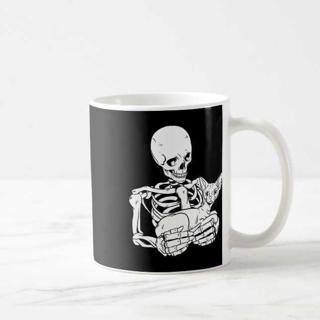 Skeleton Holding Cat Funny Halloween Skull Sphynx Kaffemugg (Höger)