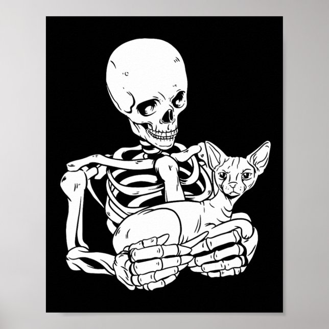 Skeleton Holding Cat Funny Halloween Skull Sphynx Poster (Framsidan)