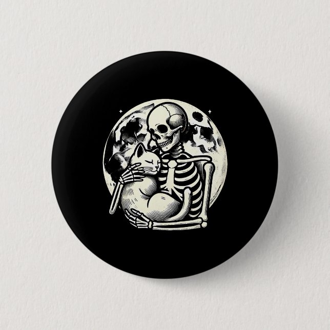 Skeleton Holding Cat Spooky Skull Halloween Gothic Knapp (Framsida)