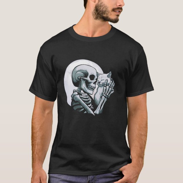 Skeleton Holding Cat Spooky Skull Halloween Gothic T Shirt (Framsida)