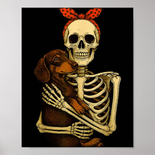 Skeleton Holding Dachshund Dog Funny Lazy Hallowee Poster (Framsidan)