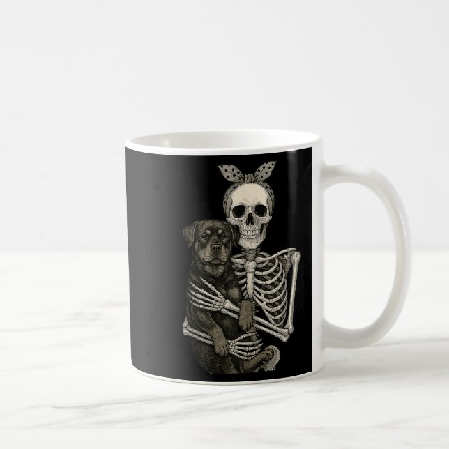 Skeleton Holding Rottweiler Hund Funny Lazy Hallow Kaffemugg (Höger)