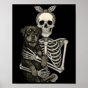 Skeleton Holding Rottweiler Hund Funny Lazy Hallow Poster
