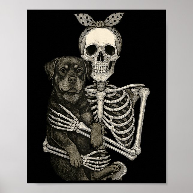 Skeleton Holding Rottweiler Hund Funny Lazy Hallow Poster (Framsidan)