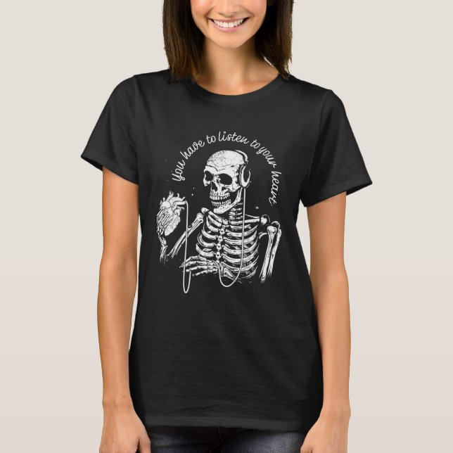 Skeleton Hörlurar Heart Gothic Music Halloween S T Shirt (Framsida)