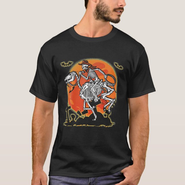 Skeleton Horse Cowboy Riding Halloween Costume T Shirt (Framsida)