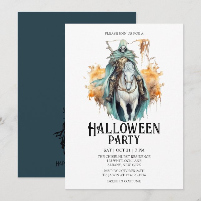 Skeleton Horseman Costume Mint Halloween fest Inbjudningar (Fram/baksida)