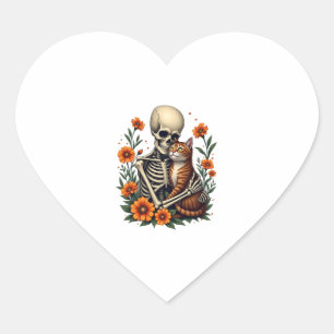 Skeleton Hugger Cat Blommigt Halloween Cats Älskar Hjärtformat Klistermärke