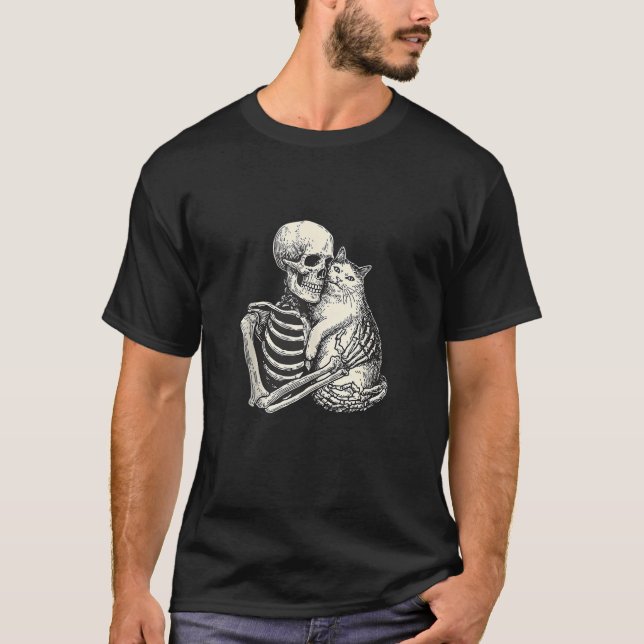 Skeleton Hugger Cat Gothic Art för Creepy Goth Ca T Shirt (Framsida)