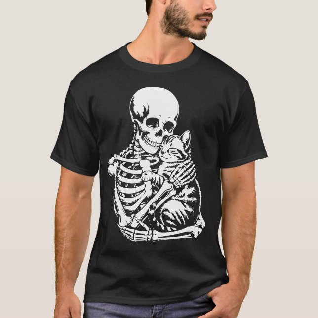 Skeleton Hugger Cat Halloween T-Shirt - Cat Lover (Framsida)