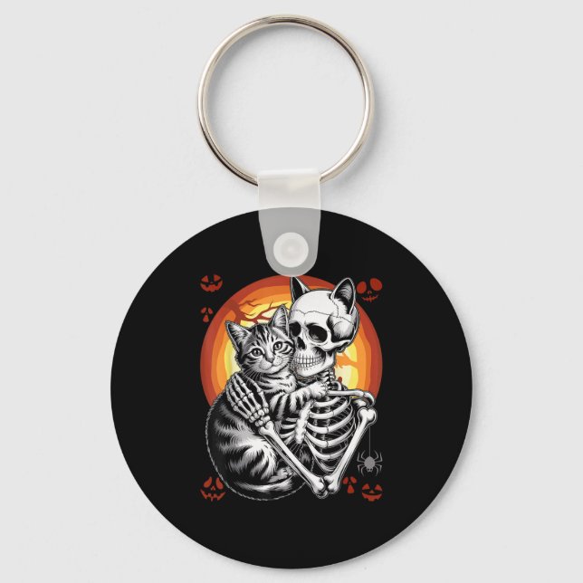 Skeleton Hugger Cat Lover Halloween Funny Apparel Nyckelring (Framsida)